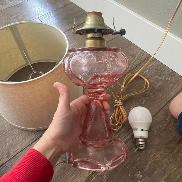 Pink Depression Heart Glass lamp base clear vintage w shade electric  WORKS - Picture 1 of 5